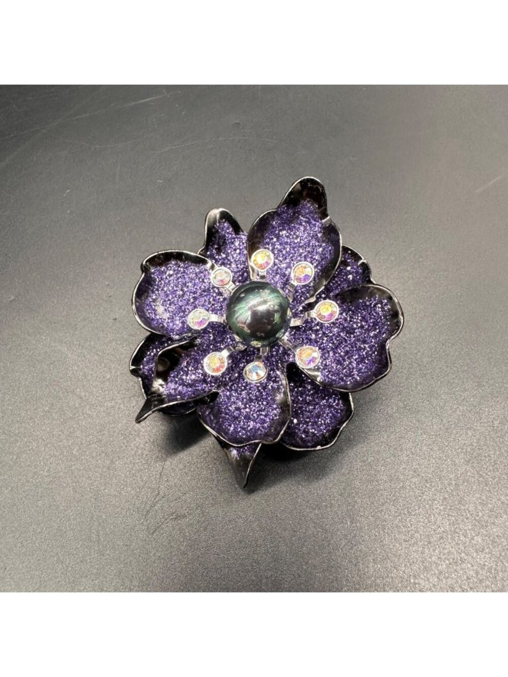 Vintage Joan Rivers Purple Flower Brooch Pin Faux Tahitian Pearl Floral Enamel